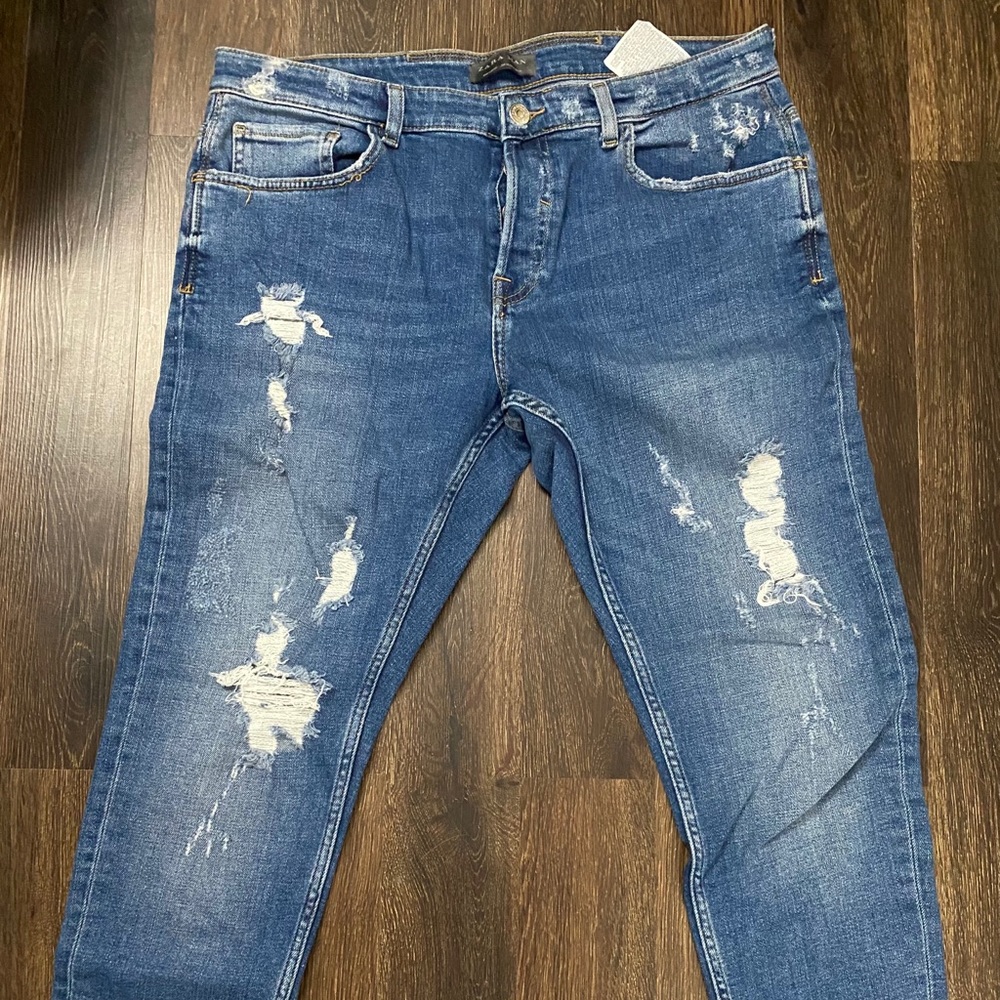 Zara Man Distressed Light Wash Denim Jeans Size 36